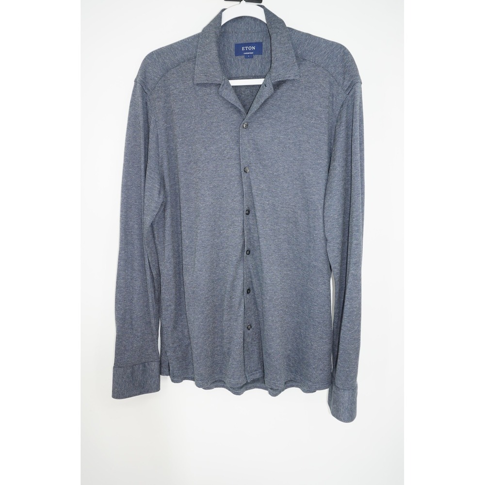 Eton Shirt Mens Large Blue Jersey Knit Contemporary Fit Long Sleeve Button Up